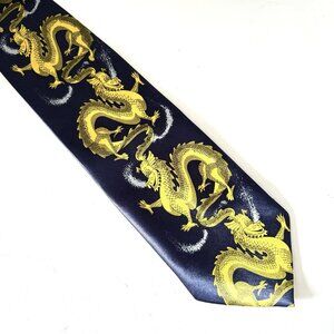 GOLD CITY Silk Necktie Royal Blue Chinese Imperial Yellow Dragon Handmade 55”